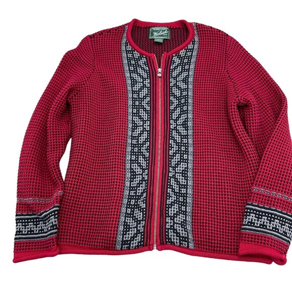 Woolrich‎ Cardigan Women Large Red Black Zip Basket Weave Check Cotton Sweater - Picture 1 of 11
